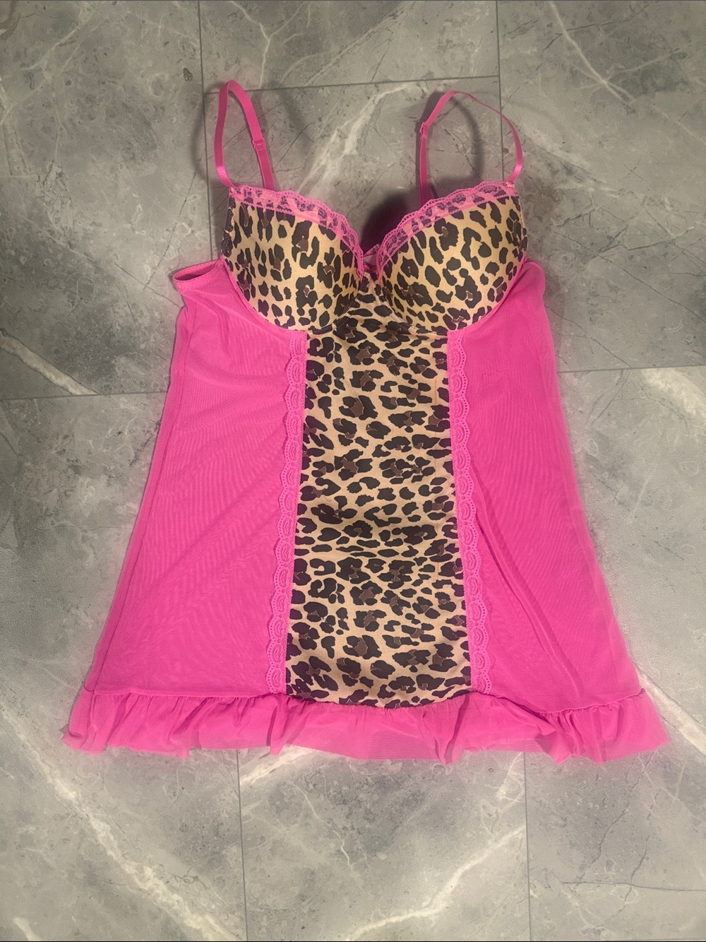 Pink Leopard-Panel Lace Trim Chemise